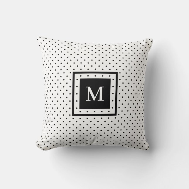 White Black Polka Dot Pattern with Modern Monogram Throw Pillow (Front)