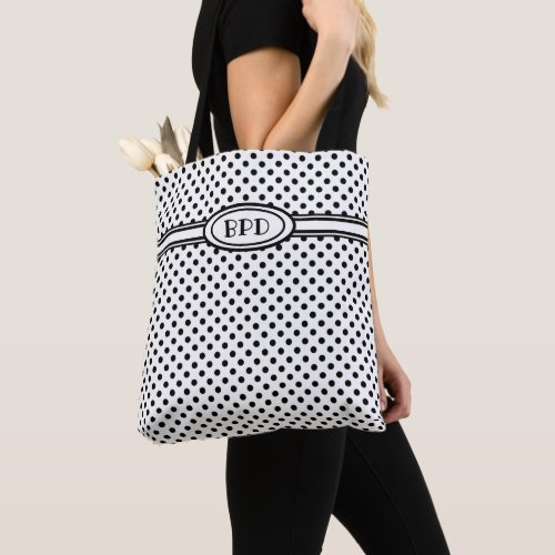 White Black Polka Dots Monogram Initials Pattern Tote Bag