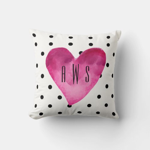 White  Black polka dots Watercolor Heart Monogram Throw Pillow