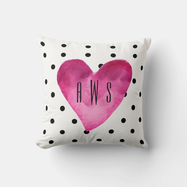 White + Black polka dots Watercolor Heart Monogram Throw Pillow (Front)