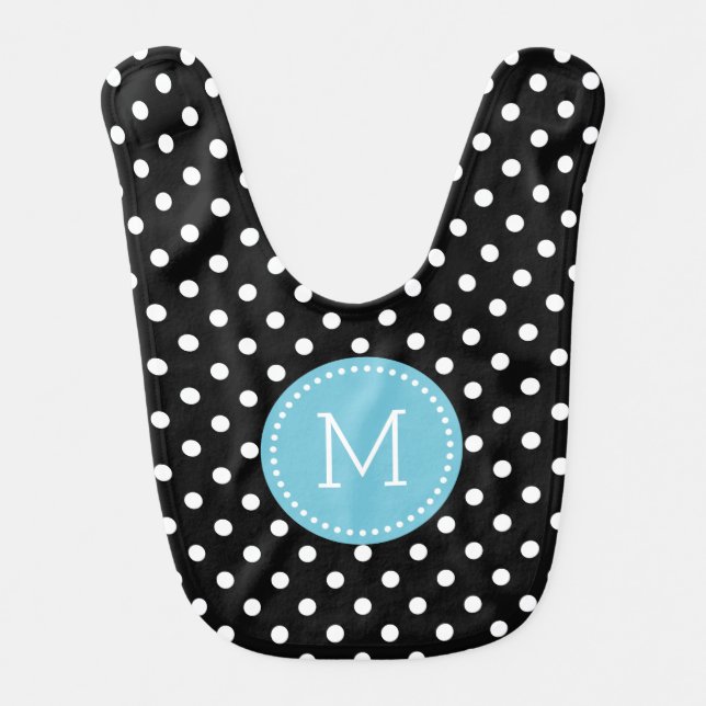 White & Black Polkadot Pattern Blue Accents Baby Bib (Front)
