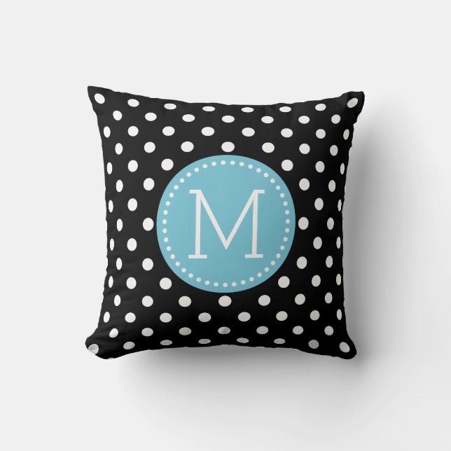 White & Black Polkadot Pattern Blue Accents Throw Pillow (Front)