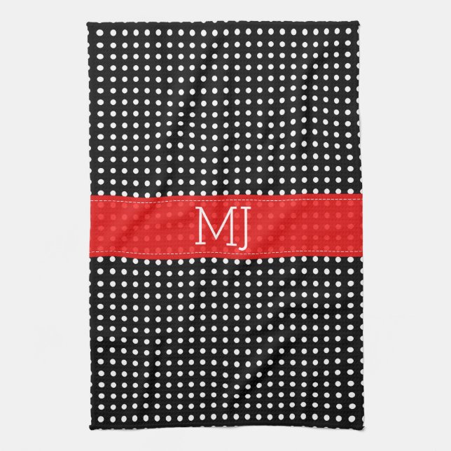 White & Black Polkadot Pattern-Monogram Towel (Vertical)
