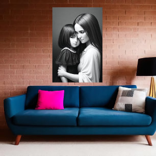 White Black portrait Mother and daughter   AI Art Poster