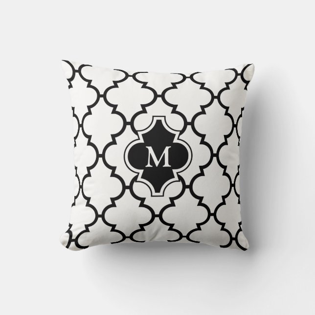 White Black Quatrefoil Pattern Monogrammed Pillow (Front)