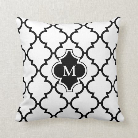White Black Quatrefoil Pattern Monogrammed Pillow