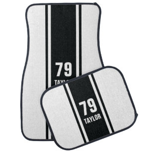 White & Black Racer Monogram Stripe Car Mats