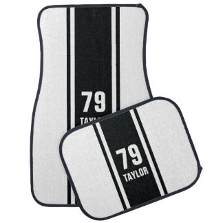 White & Black Racer Monogram Stripe Car Mats