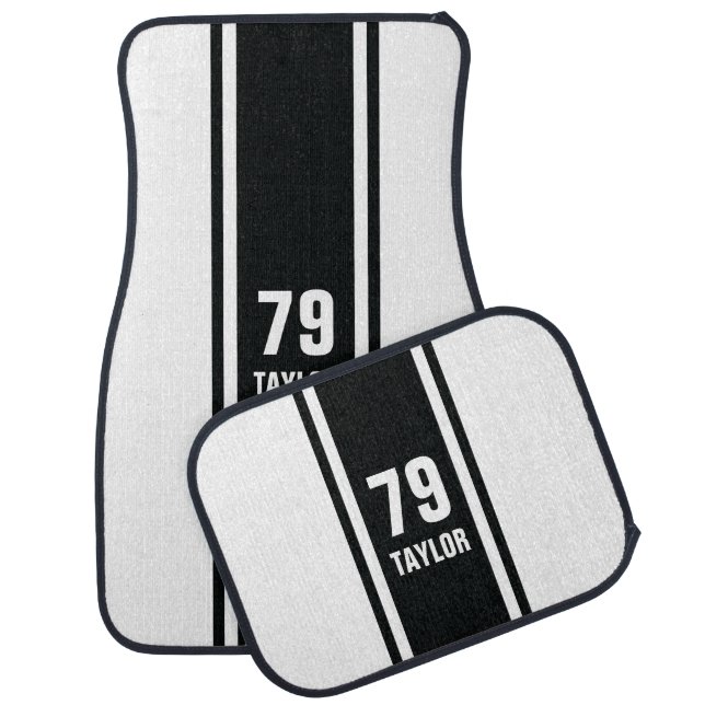 White & Black Racer Monogram Stripe Car Mats (Set)