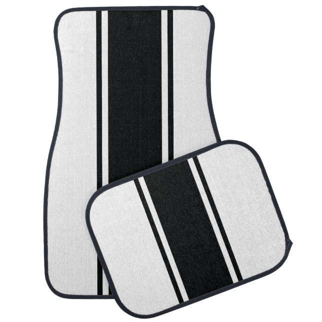White & Black Racer Stripe Car Mats (Set)