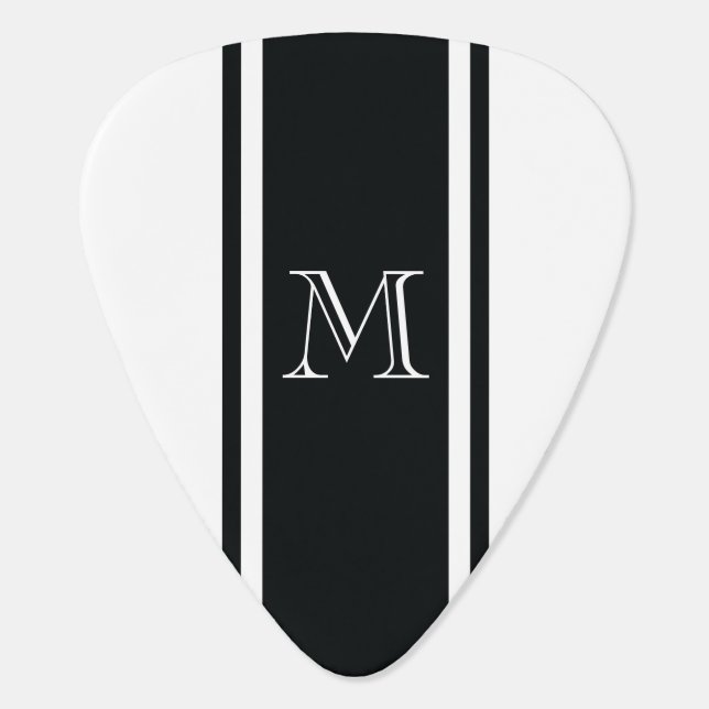 White & Black Racer Stripe Monogram Guitar Pick (Back)