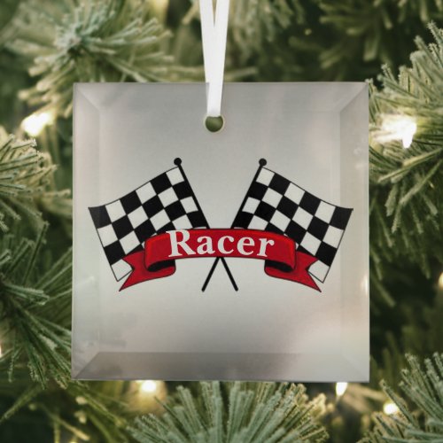 White Black Racing Flags Beveled Glass Ornament