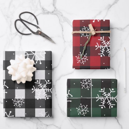 White Black Red Green Buffalo Plaid Snowflakes Wrapping Paper Sheets