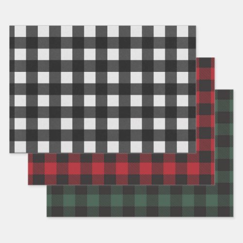 White Black Red Green Buffalo Plaid Wrapping Paper Sheets