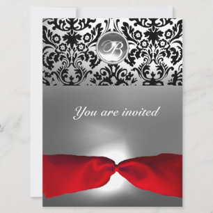 WHITE BLACK RED RIBBON DAMASK GEM STONE MONOGRAM r Invitation
