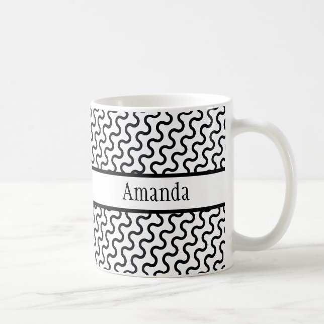 White & Black Retro, Diagonal Waves Pattern Coffee Mug (Right)