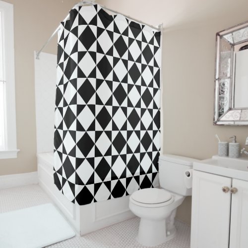 White Black Retro Squares Triangles Pattern Shower Curtain