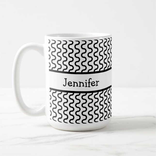 White & Black Retro Waves Pattern Personalized Coffee Mug (Left)