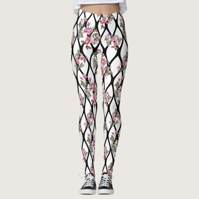 White/Black Rose Design Women's Leggings (Front)