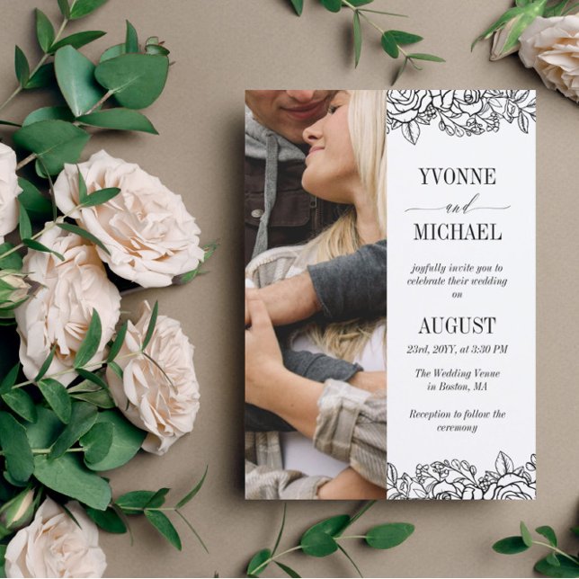 White Black Rose Outlines Photo 2 in 1 Wedding Invitation (Creator Uploaded)