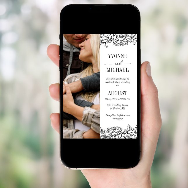 White Black Rose Outlines Photo 2 in 1 Wedding Invitation (Front Digital)