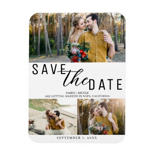 White  Black Save the Date Wedding 3 Photos Magnet