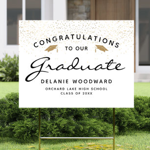 White Black Script Gold Graduation Yard Sign