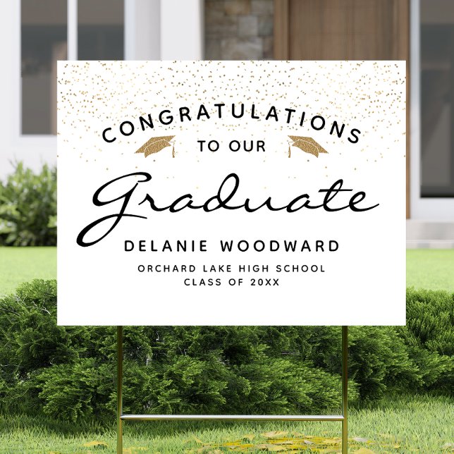 White Black Script Gold Graduation Yard Sign (Creator Uploaded)