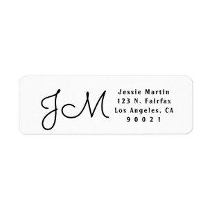 White & Black Script Monogrammed Return Address Label