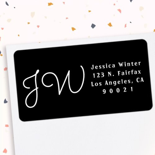 White  Black Script Monogrammed Return Address Label