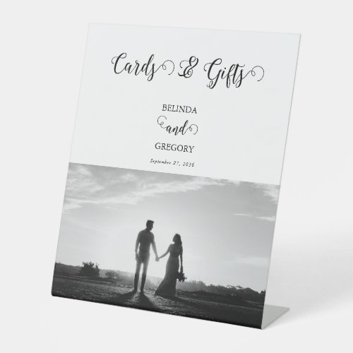 White  Black Script Photo Wedding Cards Gifts Pedestal Sign