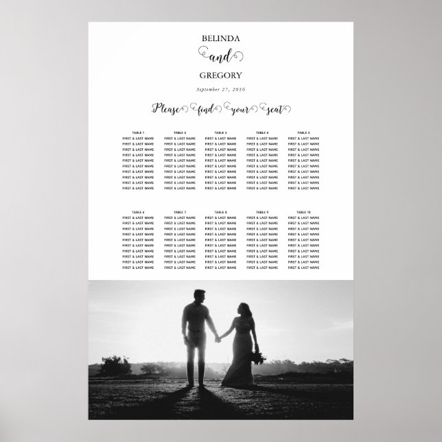 White & Black Script Photo Wedding Seating Chart (Front)