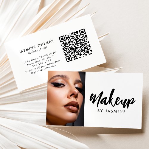White Black Script QR Code Photo Makeup Business Card
