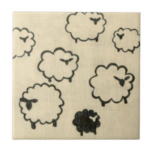 White & Black Sheep on Cream Background Ceramic Tile