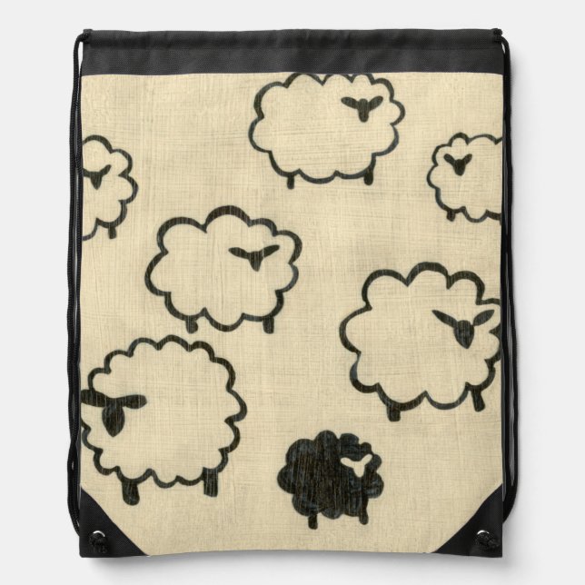 White & Black Sheep on Cream Background Drawstring Bag (Front)