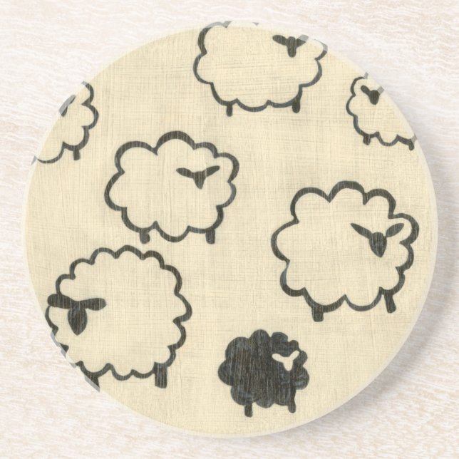White & Black Sheep on Cream Background Drink Coaster (Front)