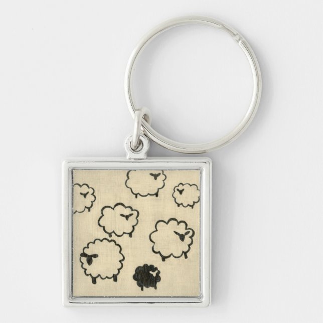 White & Black Sheep on Cream Background Keychain (Front)