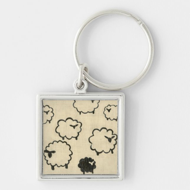 White & Black Sheep on Cream Background Keychain (Front)