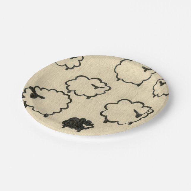 White & Black Sheep on Cream Background Paper Plates (Angled)