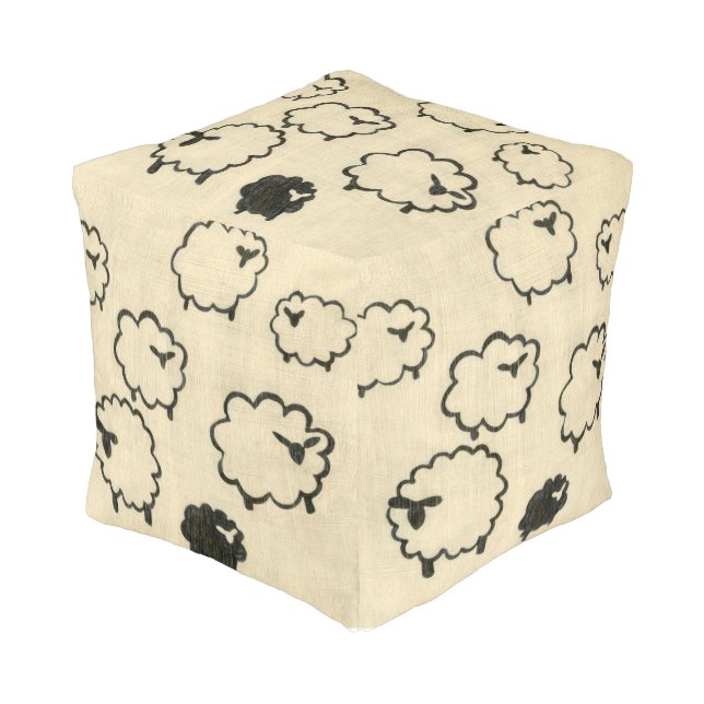White & Black Sheep on Cream Background Pouf (Angled Front)