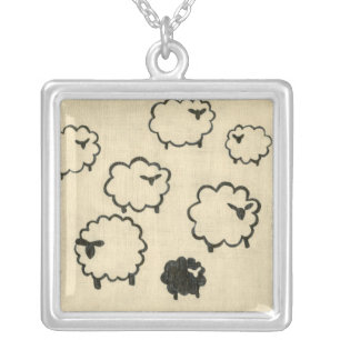 White & Black Sheep on Cream Background Silver Plated Necklace