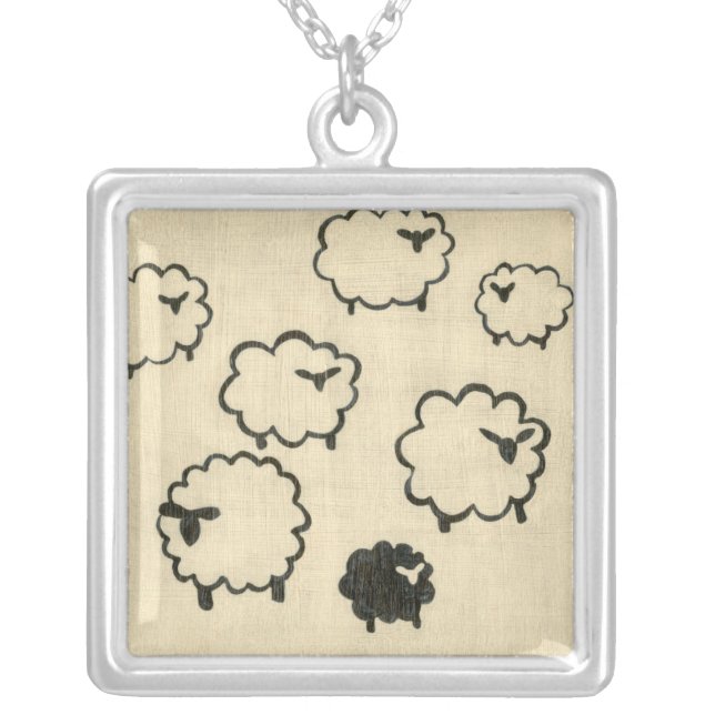 White & Black Sheep on Cream Background Silver Plated Necklace (Front)