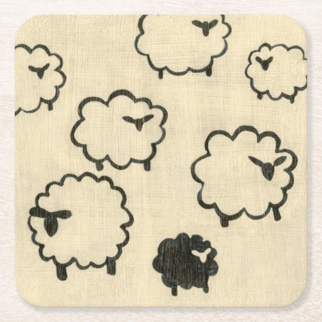 White & Black Sheep on Cream Background Square Paper Coaster (Front)