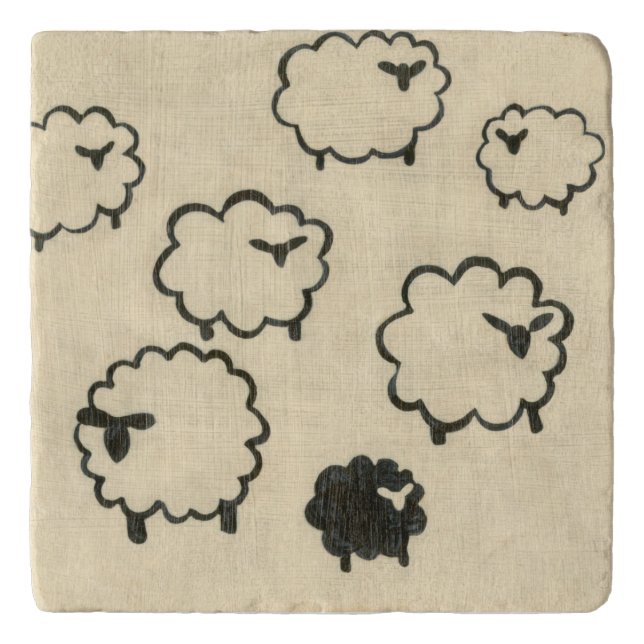 White & Black Sheep on Cream Background Trivet (Front)