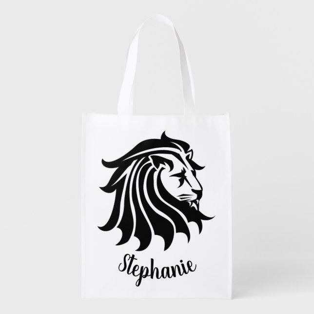 White Black Silhouette Lion Reusable Grocery Bag (Front)