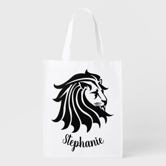 White Black Silhouette Lion Reusable Grocery Bag