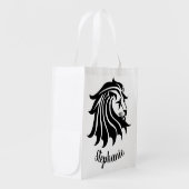 White Black Silhouette Lion Reusable Grocery Bag (Front Side)