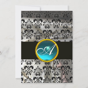 WHITE BLACK SILK DAMASK TEAL BLUE GEM MONOGRAM INVITATION