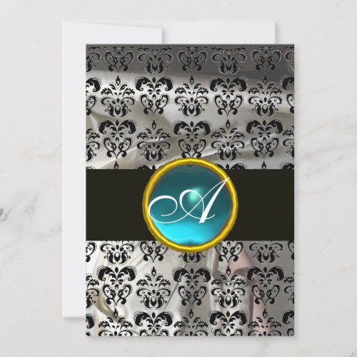 WHITE BLACK SILK DAMASK TEAL BLUE GEM MONOGRAM INVITATION