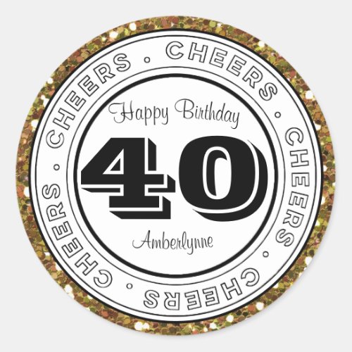 White Black Silver Glitter 40th Birthday Classic Round Sticker